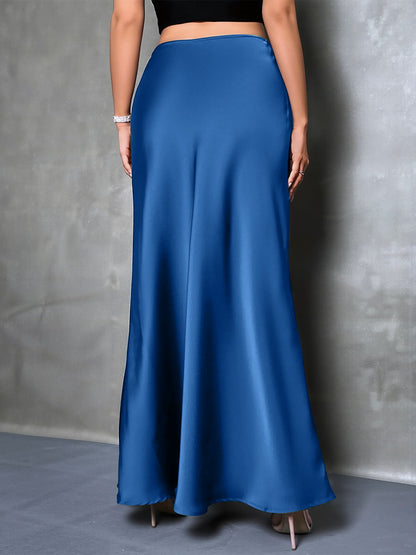 High-Waisted Flared Hem Satin Solid Color Fishtail Elegant Maxi Skirt for Women