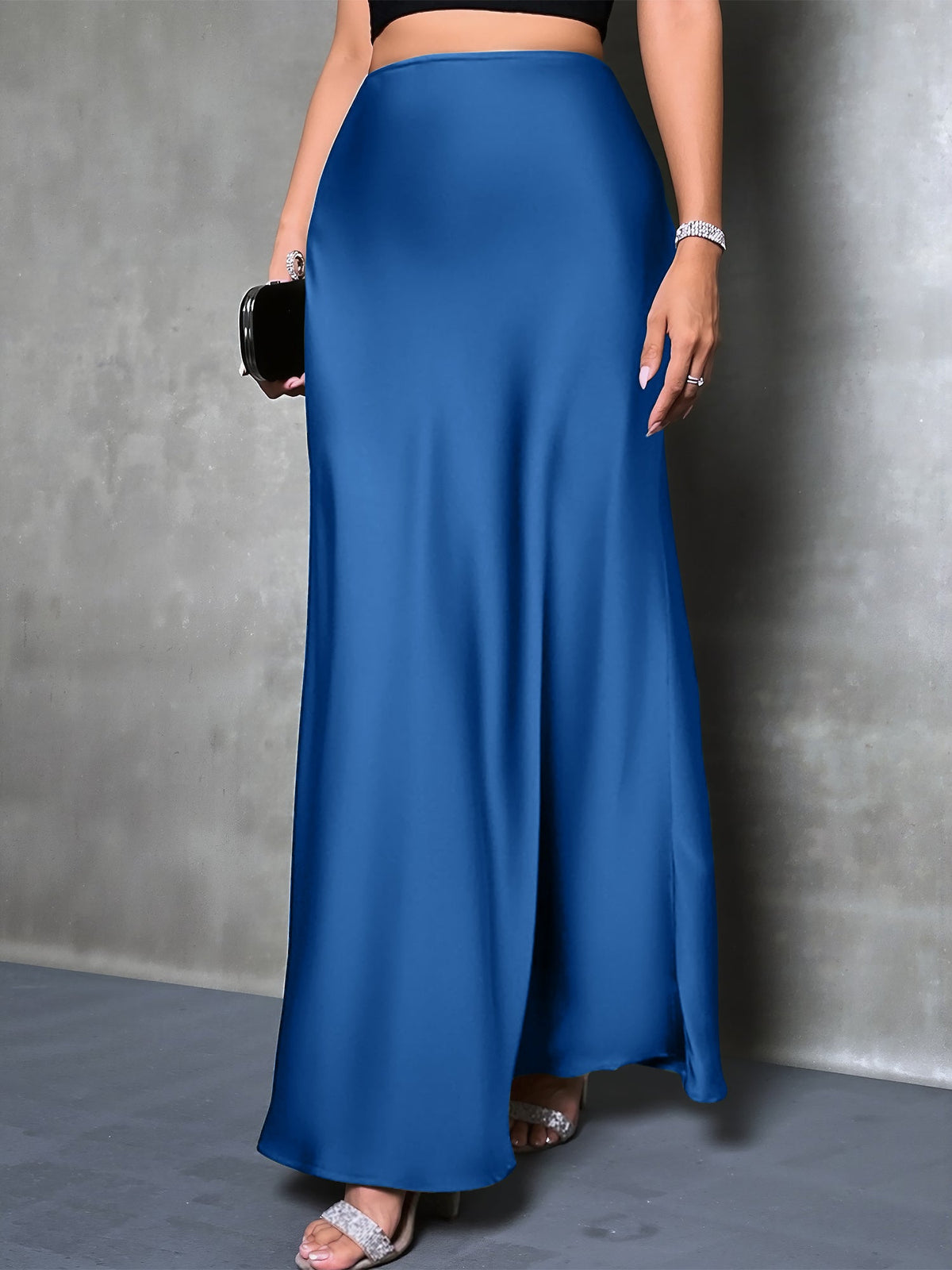 High-Waisted Flared Hem Satin Solid Color Fishtail Elegant Maxi Skirt for Women