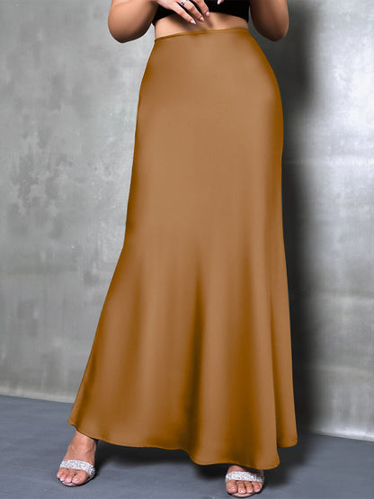 High-Waisted Flared Hem Satin Solid Color Fishtail Elegant Maxi Skirt for Women