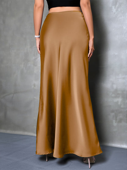 High-Waisted Flared Hem Satin Solid Color Fishtail Elegant Maxi Skirt for Women
