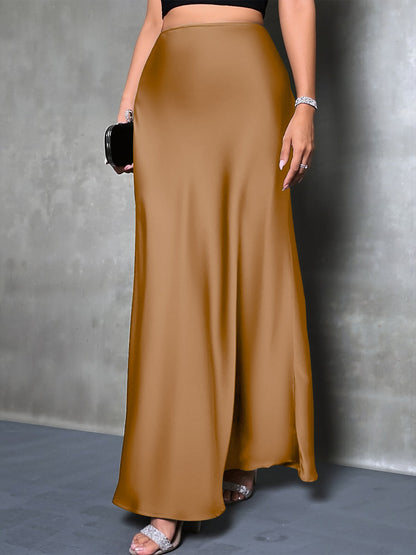 High-Waisted Flared Hem Satin Solid Color Fishtail Elegant Maxi Skirt for Women