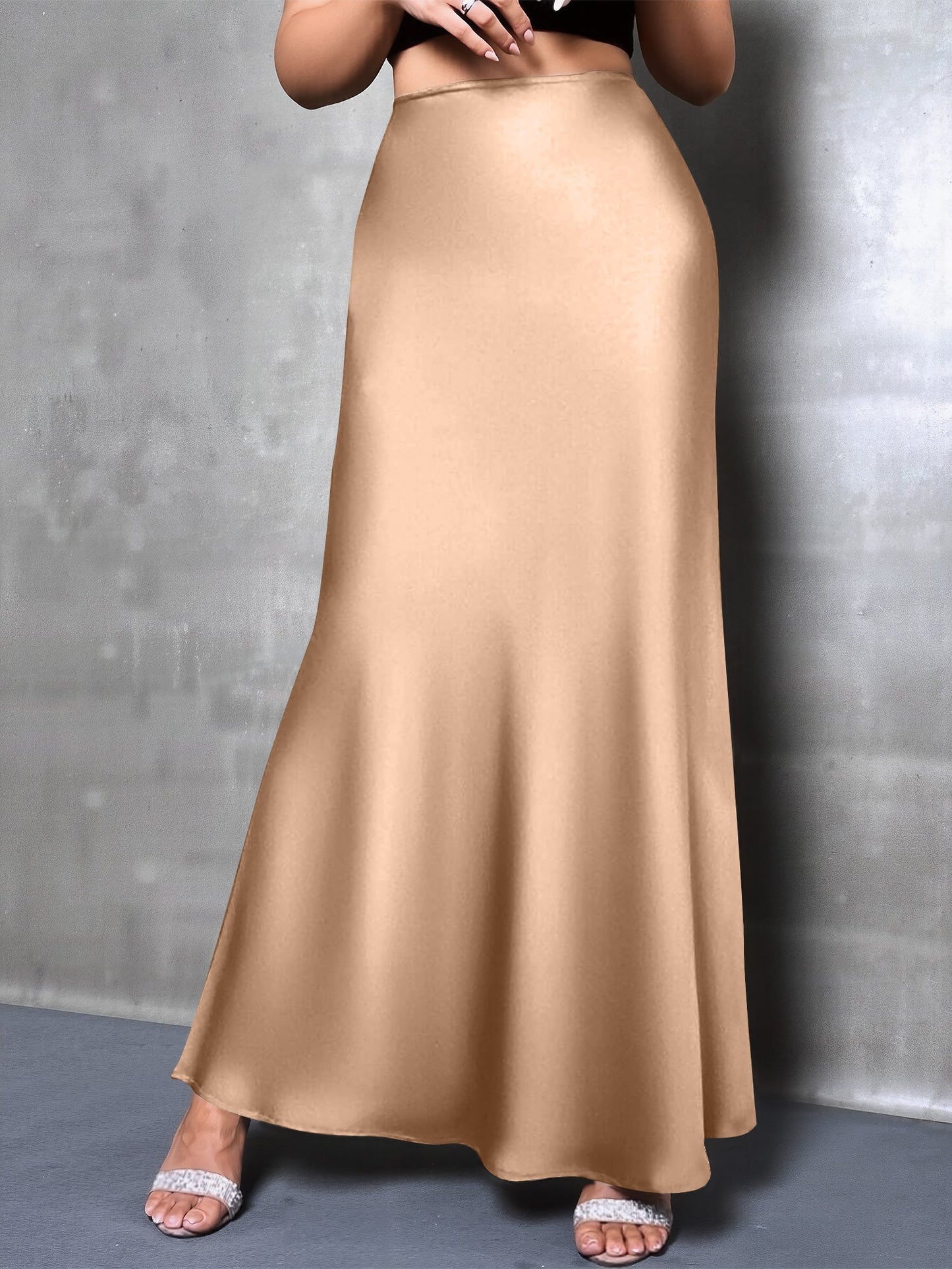 High-Waisted Flared Hem Satin Solid Color Fishtail Elegant Maxi Skirt for Women