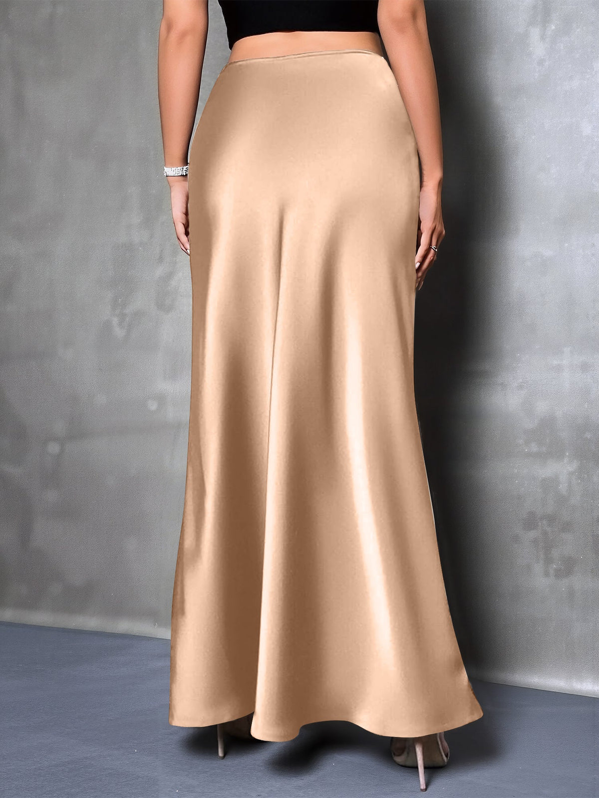 High-Waisted Flared Hem Satin Solid Color Fishtail Elegant Maxi Skirt for Women