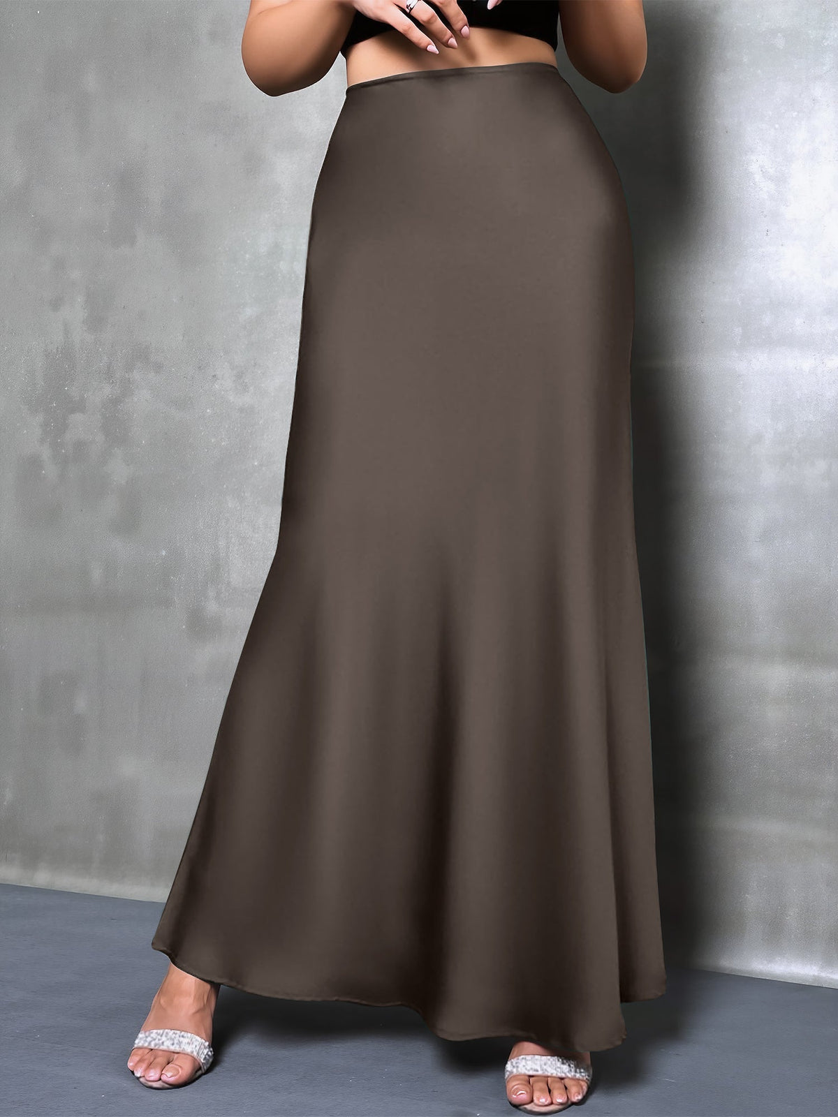 High-Waisted Flared Hem Satin Solid Color Fishtail Elegant Maxi Skirt for Women