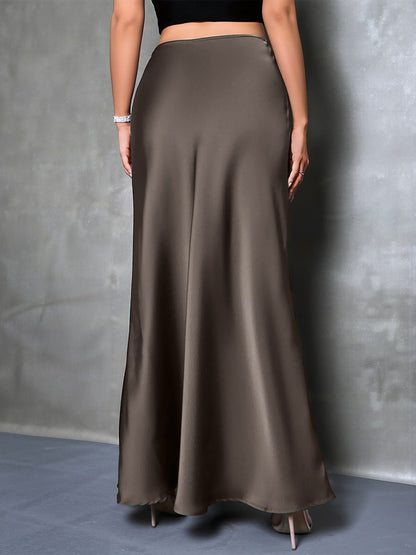 High-Waisted Flared Hem Satin Solid Color Fishtail Elegant Maxi Skirt for Women