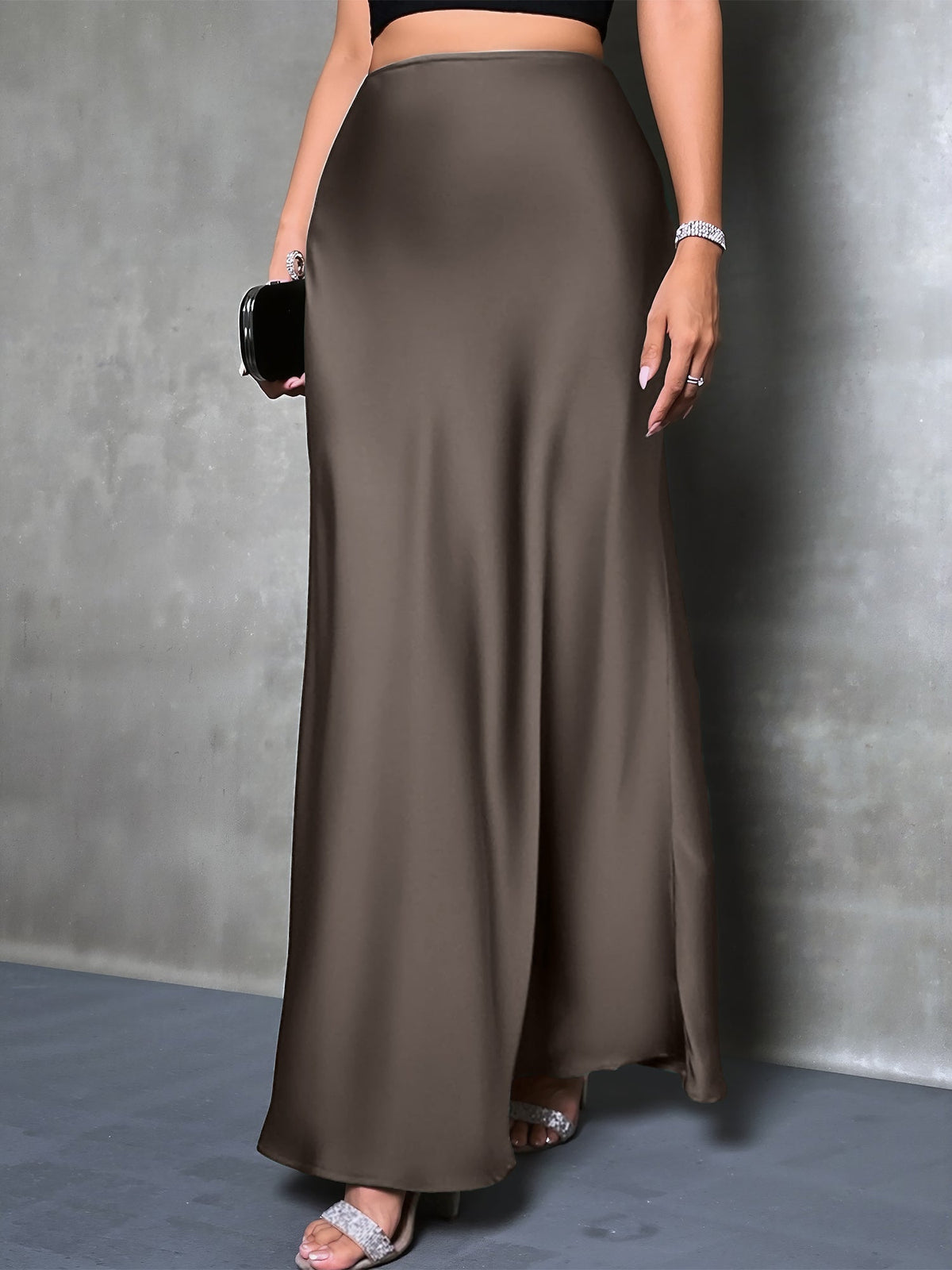 High-Waisted Flared Hem Satin Solid Color Fishtail Elegant Maxi Skirt for Women