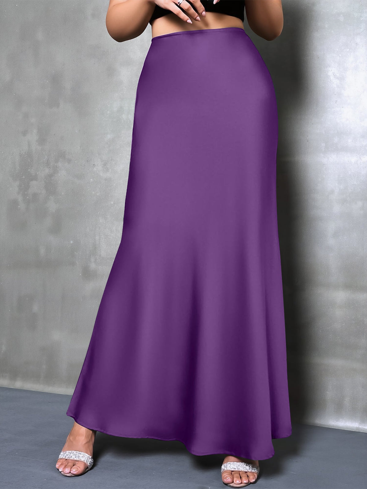 High-Waisted Flared Hem Satin Solid Color Fishtail Elegant Maxi Skirt for Women