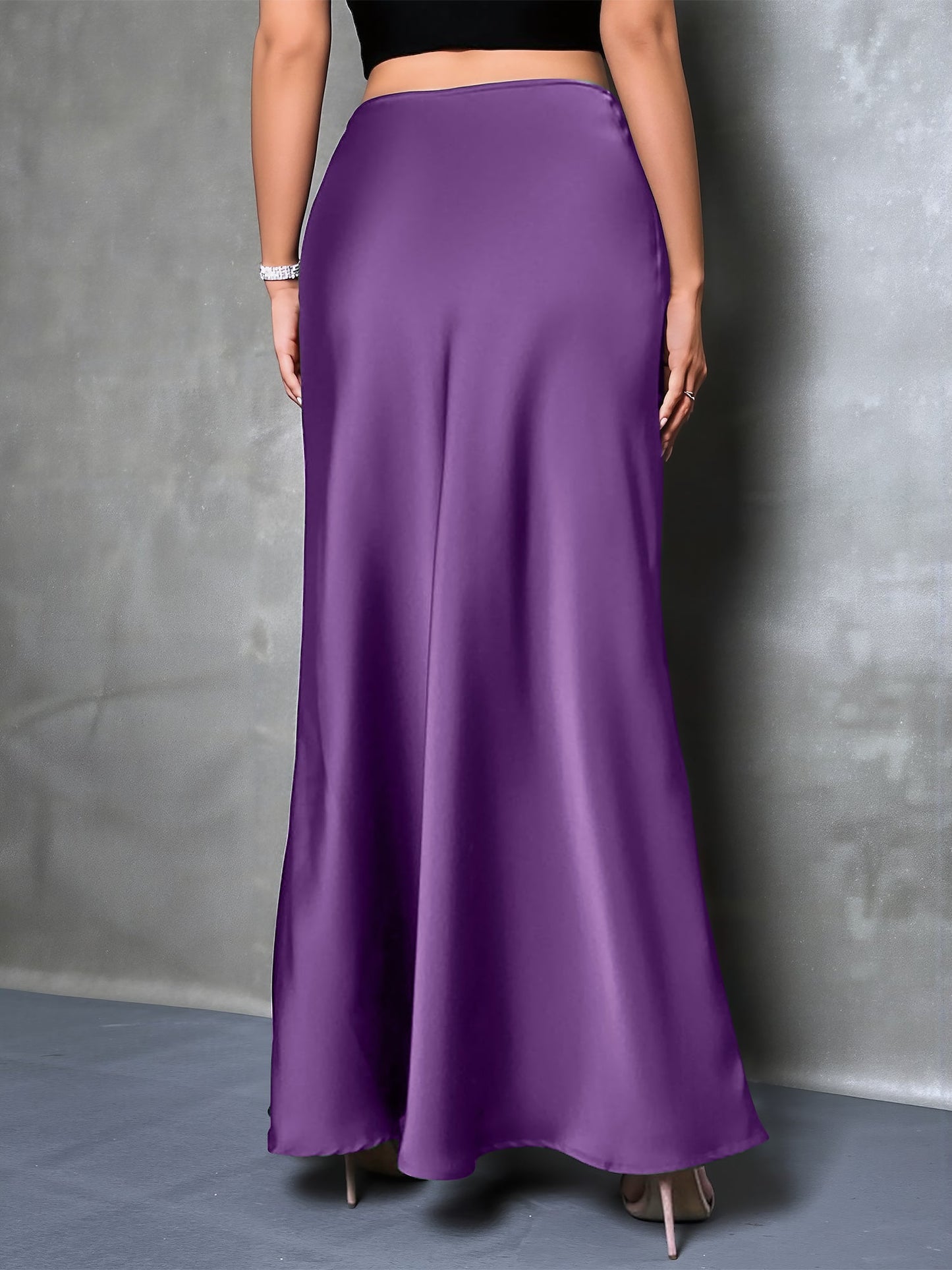 High-Waisted Flared Hem Satin Solid Color Fishtail Elegant Maxi Skirt for Women