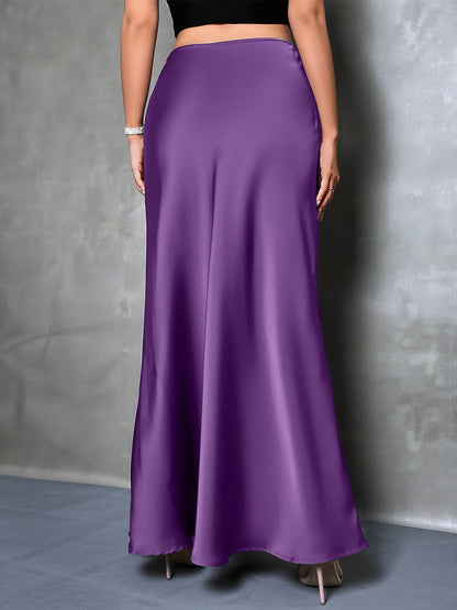 High-Waisted Flared Hem Satin Solid Color Fishtail Elegant Maxi Skirt for Women