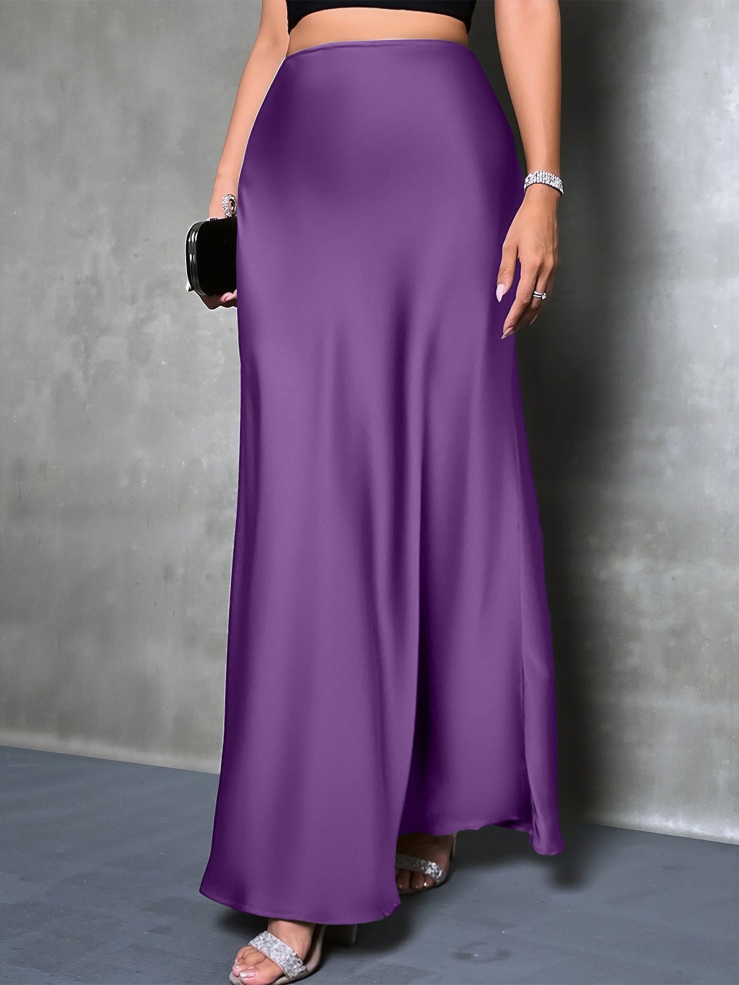 High-Waisted Flared Hem Satin Solid Color Fishtail Elegant Maxi Skirt for Women