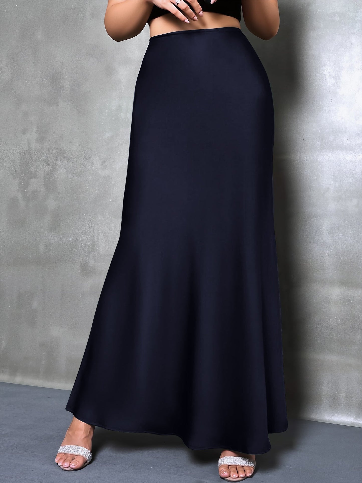 High-Waisted Flared Hem Satin Solid Color Fishtail Elegant Maxi Skirt for Women