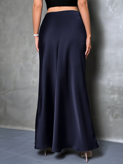 High-Waisted Flared Hem Satin Solid Color Fishtail Elegant Maxi Skirt for Women