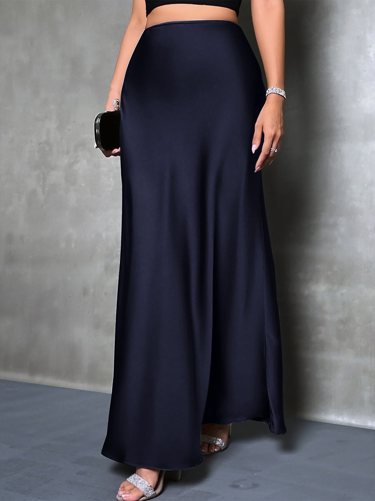 High-Waisted Flared Hem Satin Solid Color Fishtail Elegant Maxi Skirt for Women