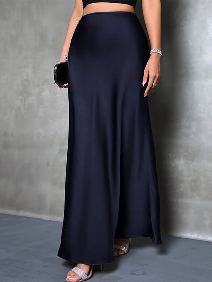 High-Waisted Flared Hem Satin Solid Color Fishtail Elegant Maxi Skirt for Women