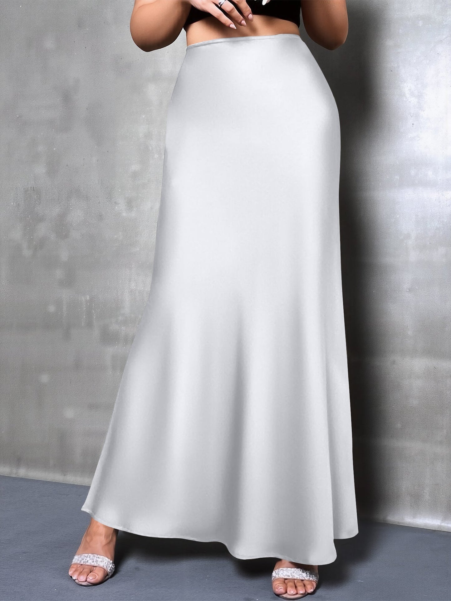 High-Waisted Flared Hem Satin Solid Color Fishtail Elegant Maxi Skirt for Women