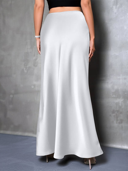 High-Waisted Flared Hem Satin Solid Color Fishtail Elegant Maxi Skirt for Women