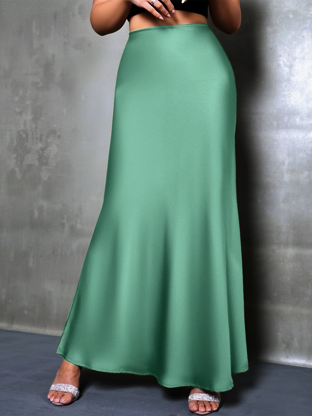 High-Waisted Flared Hem Satin Solid Color Fishtail Elegant Maxi Skirt for Women