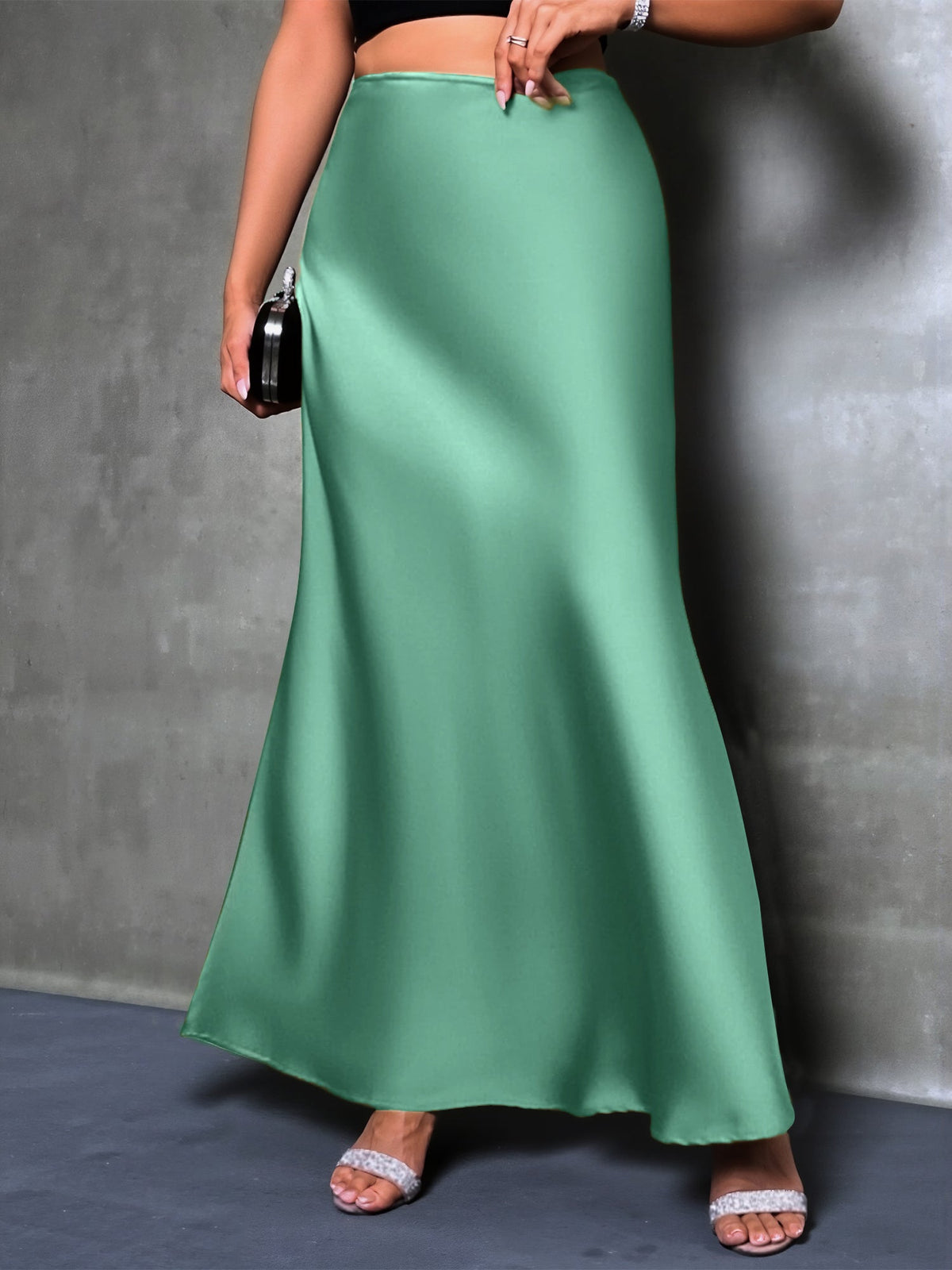 High-Waisted Flared Hem Satin Solid Color Fishtail Elegant Maxi Skirt for Women