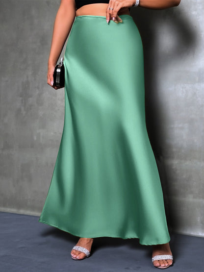 High-Waisted Flared Hem Satin Solid Color Fishtail Elegant Maxi Skirt for Women