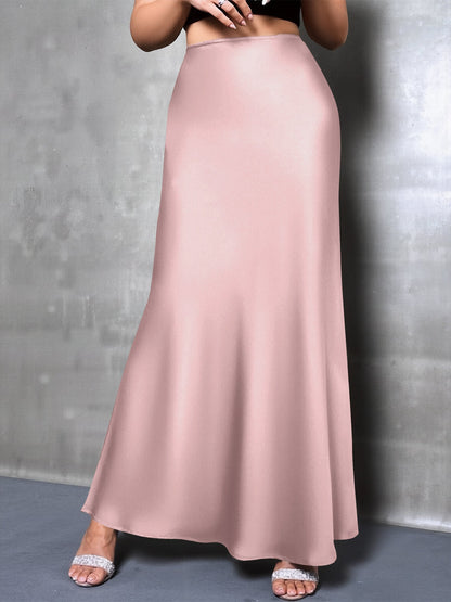 High-Waisted Flared Hem Satin Solid Color Fishtail Elegant Maxi Skirt for Women