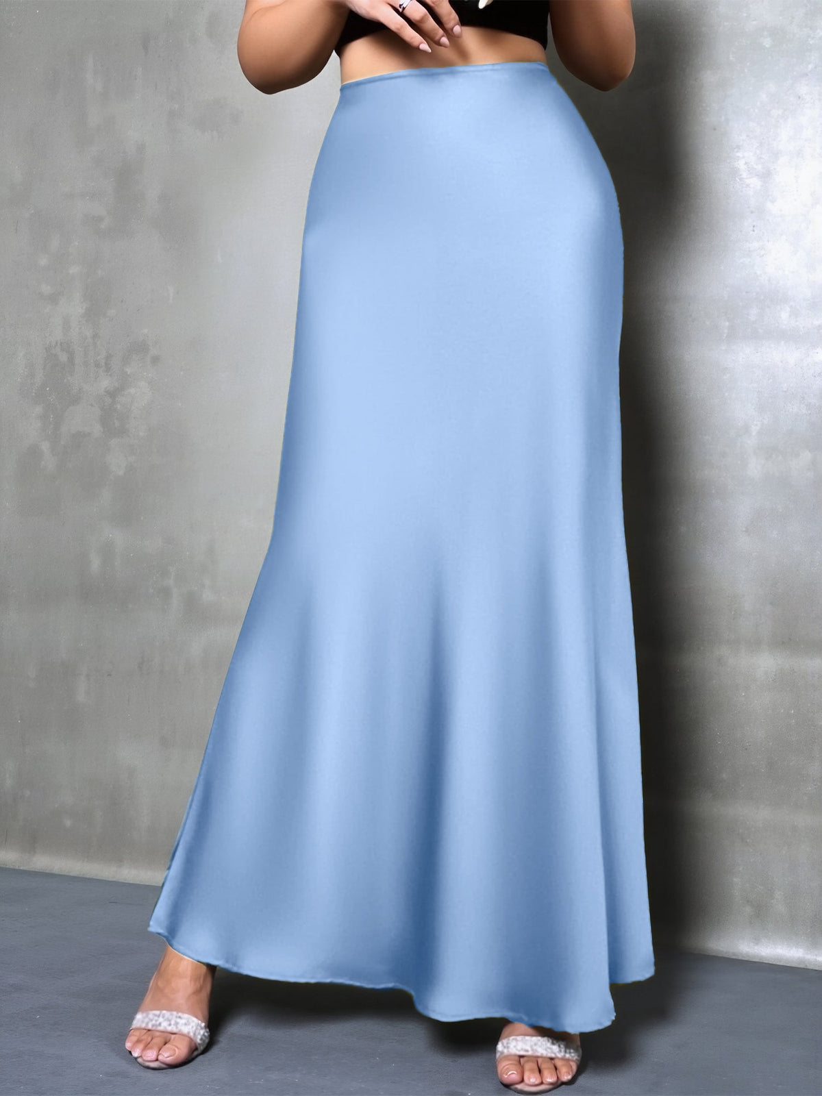 High-Waisted Flared Hem Satin Solid Color Fishtail Elegant Maxi Skirt for Women