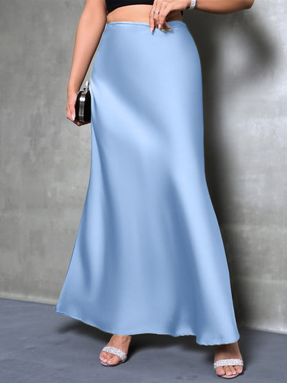 High-Waisted Flared Hem Satin Solid Color Fishtail Elegant Maxi Skirt for Women