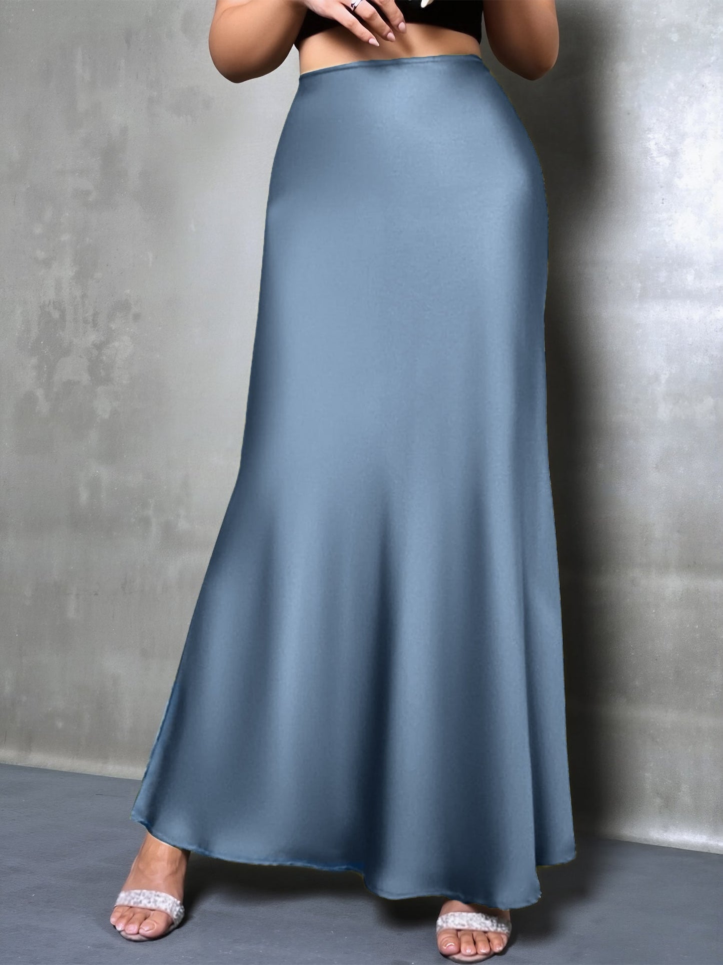 High-Waisted Flared Hem Satin Solid Color Fishtail Elegant Maxi Skirt for Women