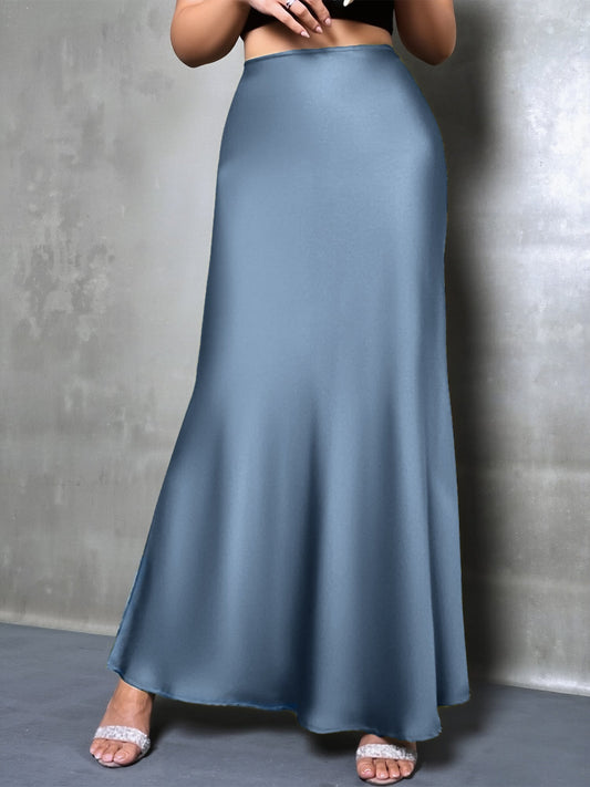 High-Waisted Flared Hem Satin Solid Color Fishtail Elegant Maxi Skirt for Women