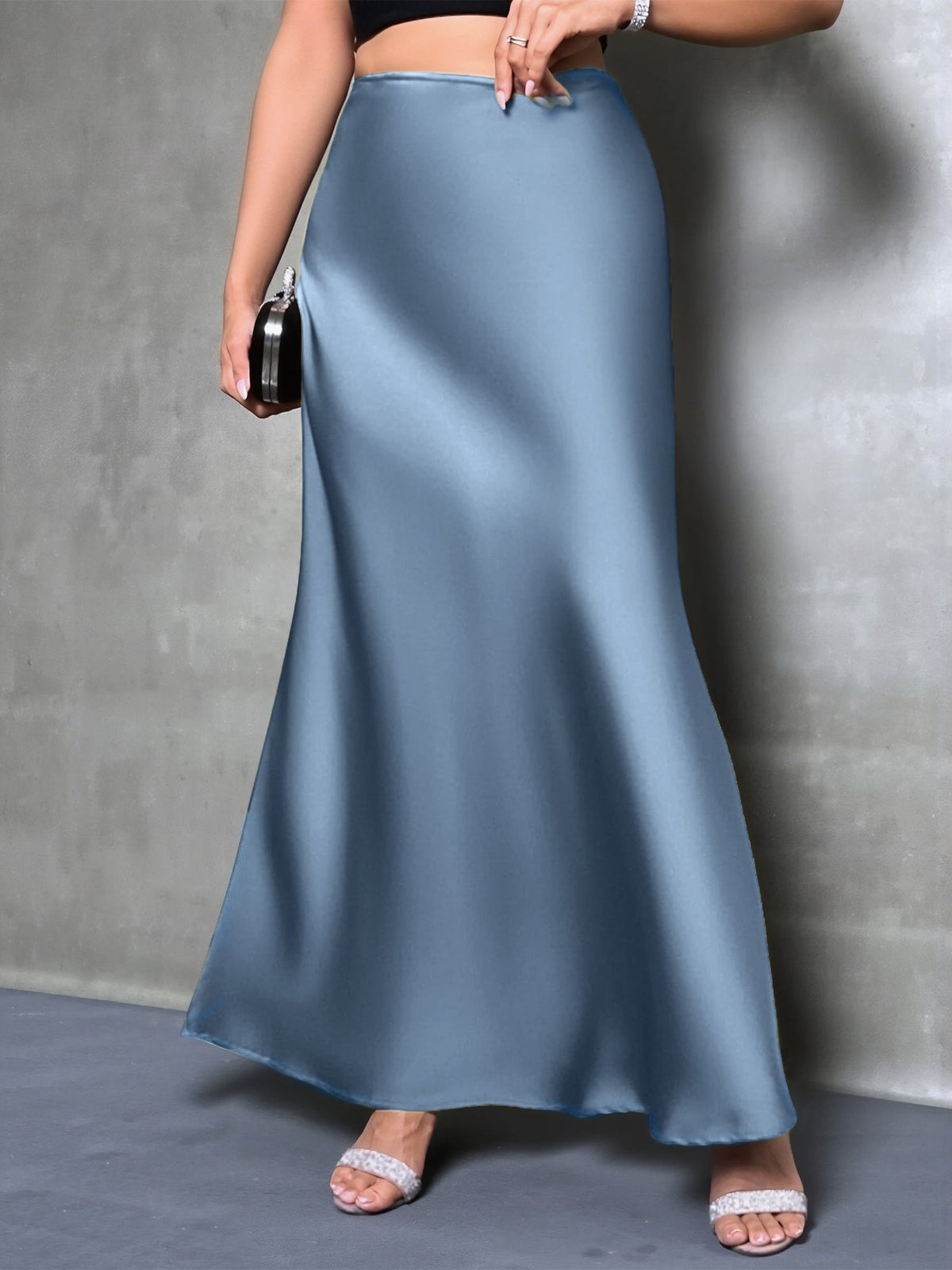 High-Waisted Flared Hem Satin Solid Color Fishtail Elegant Maxi Skirt for Women