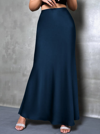 High-Waisted Flared Hem Satin Solid Color Fishtail Elegant Maxi Skirt for Women