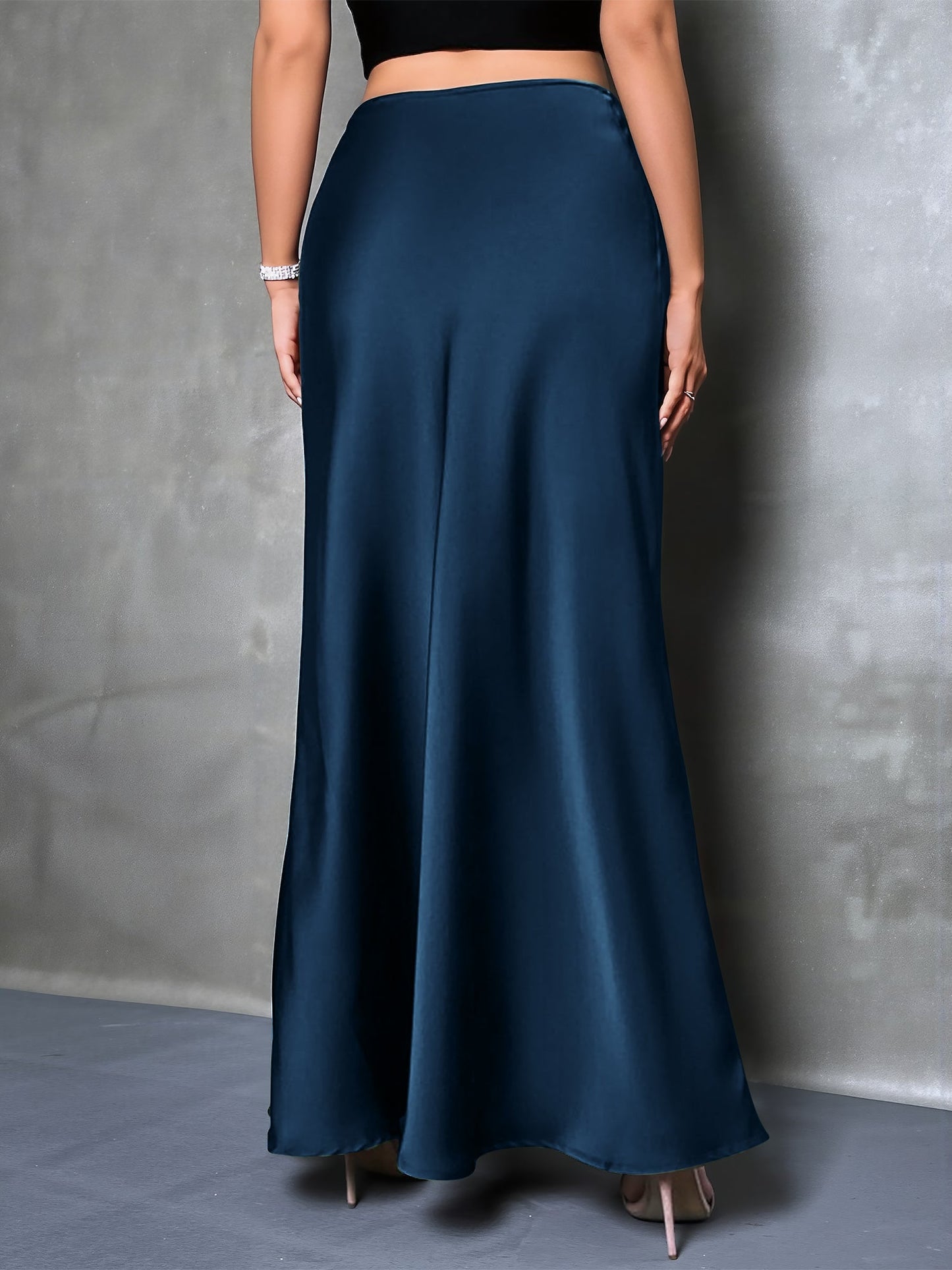 High-Waisted Flared Hem Satin Solid Color Fishtail Elegant Maxi Skirt for Women