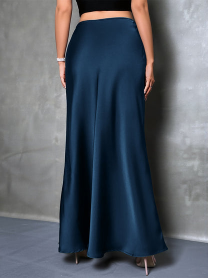 High-Waisted Flared Hem Satin Solid Color Fishtail Elegant Maxi Skirt for Women