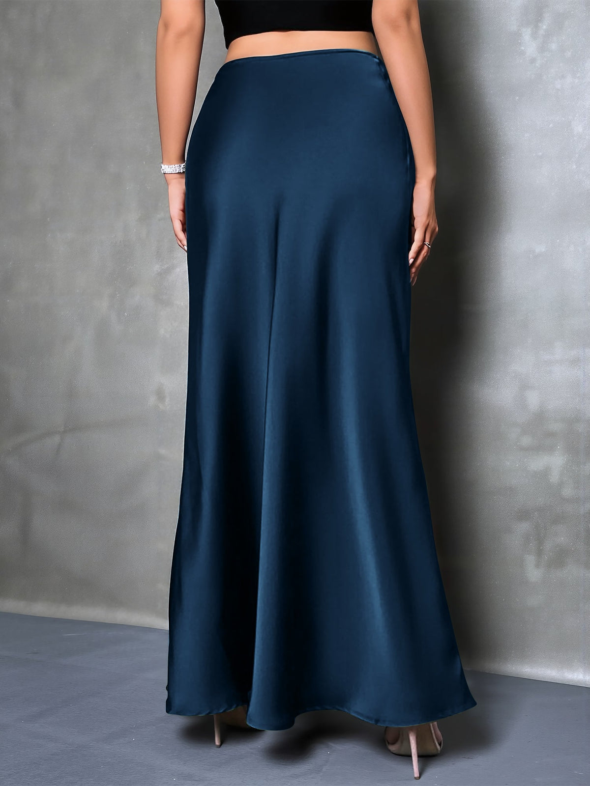 High-Waisted Flared Hem Satin Solid Color Fishtail Elegant Maxi Skirt for Women