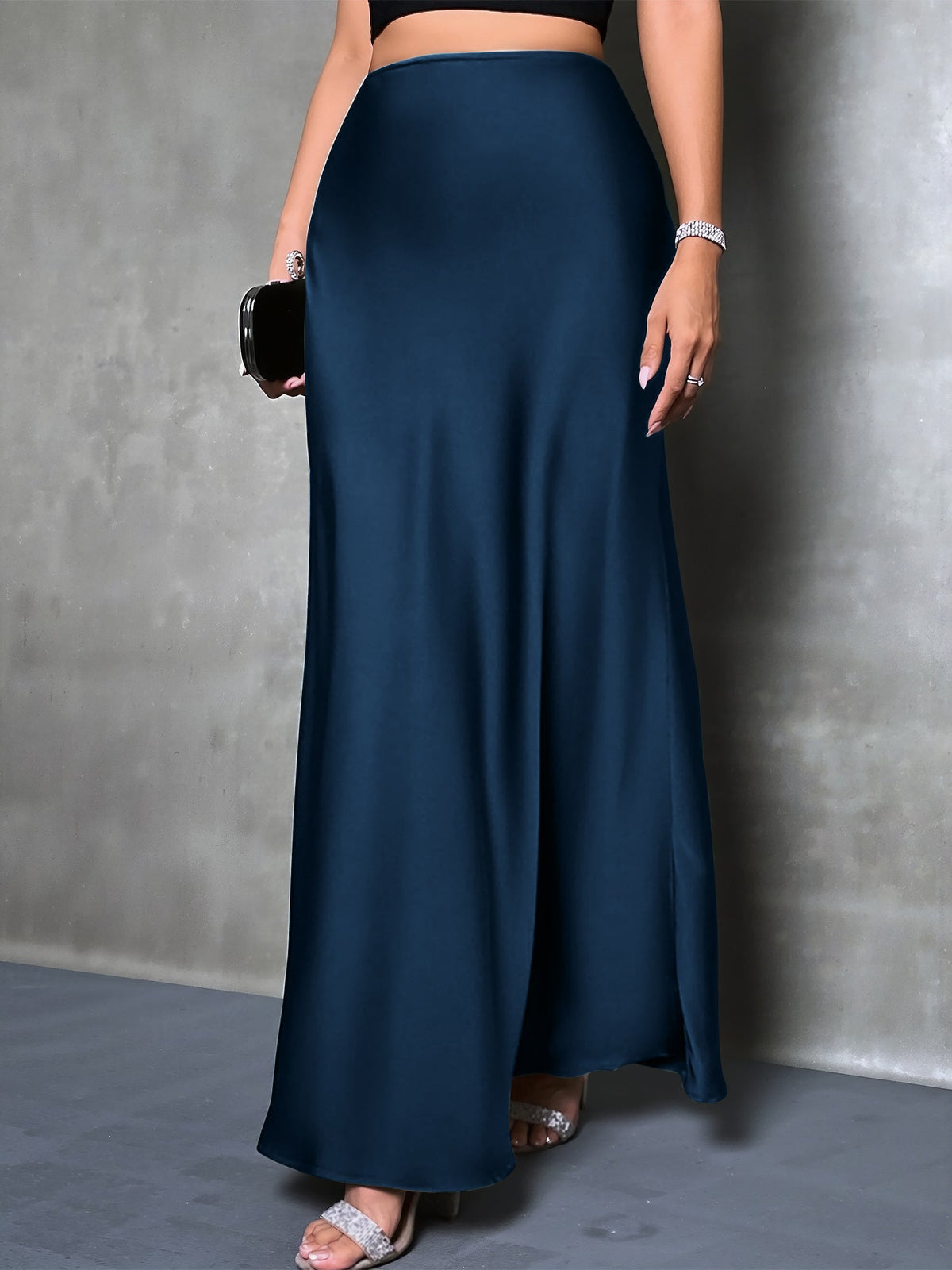 High-Waisted Flared Hem Satin Solid Color Fishtail Elegant Maxi Skirt for Women