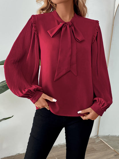 Pleated Long Sleeves Bow Tie Solid Color Blouse
