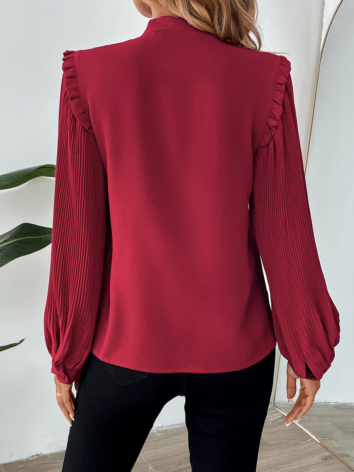 Pleated Long Sleeves Bow Tie Solid Color Blouse