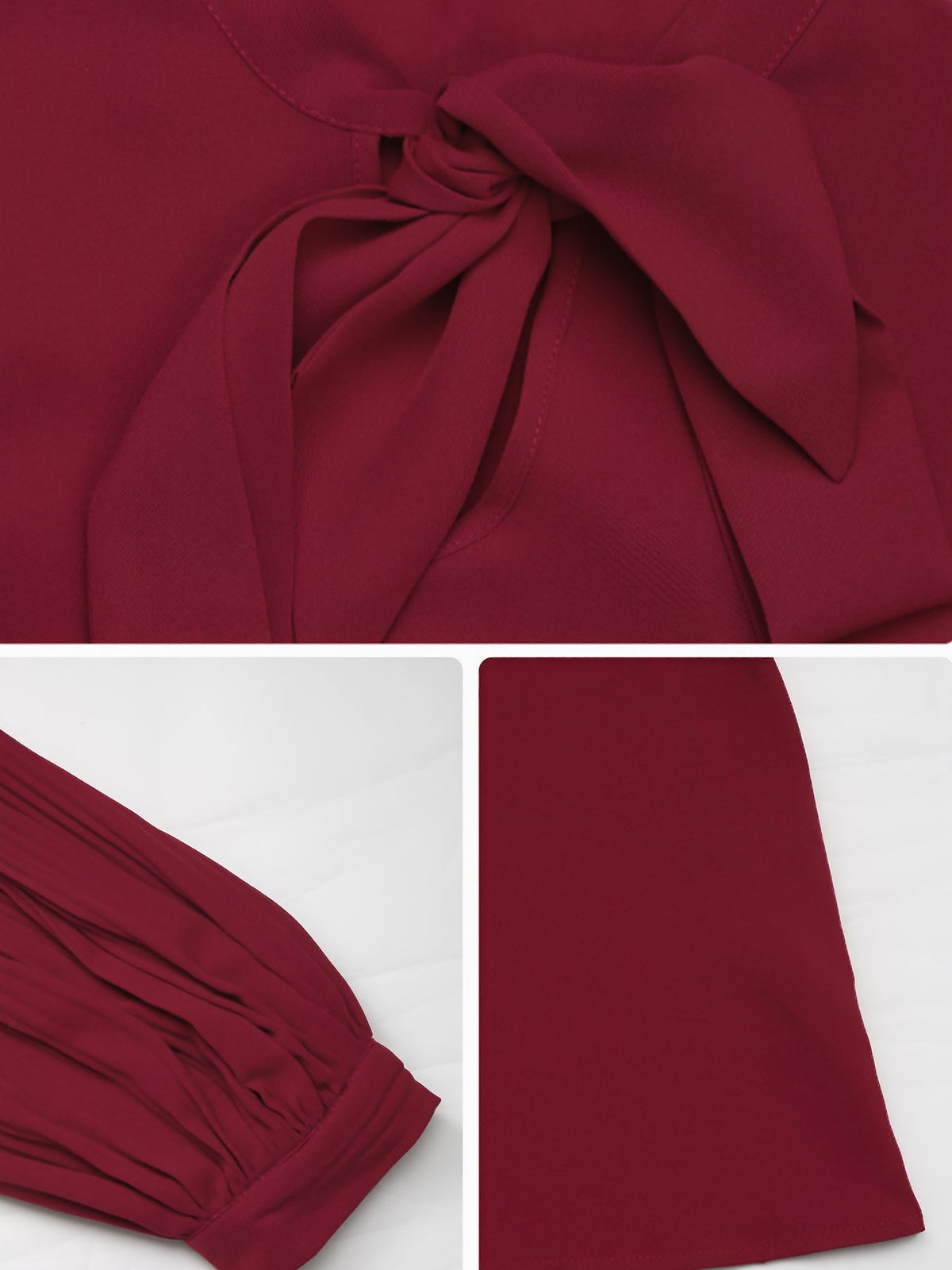 Pleated Long Sleeves Bow Tie Solid Color Blouse
