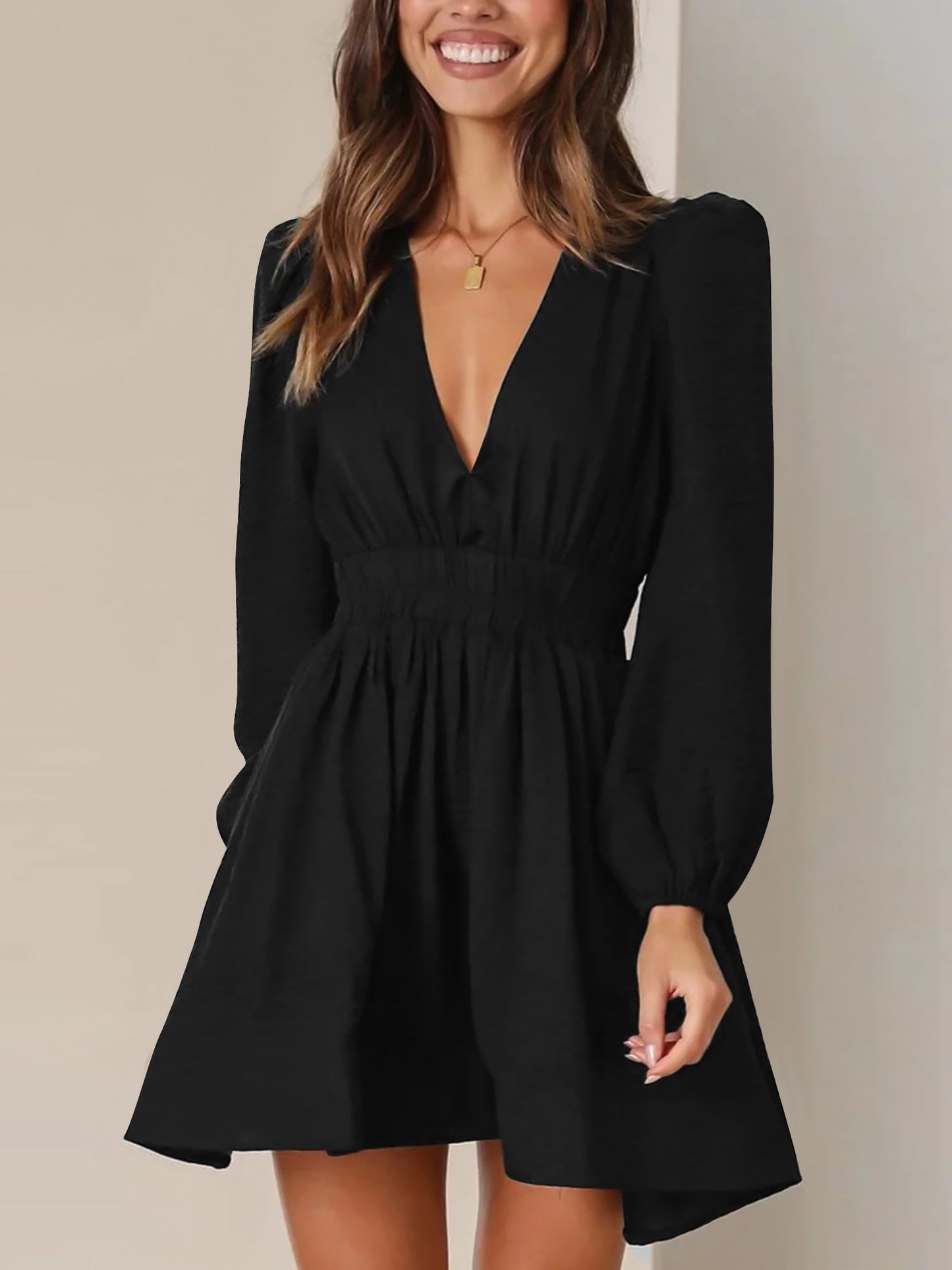 V Neck Puff Long Sleeves Ruched Mini Dress
