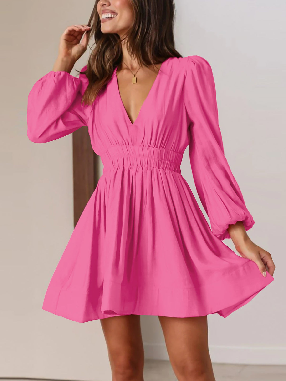 V Neck Puff Long Sleeves Ruched Mini Dress