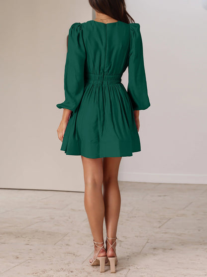 V Neck Puff Long Sleeves Ruched Mini Dress