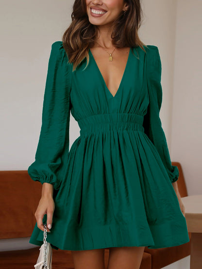 V Neck Puff Long Sleeves Ruched Mini Dress
