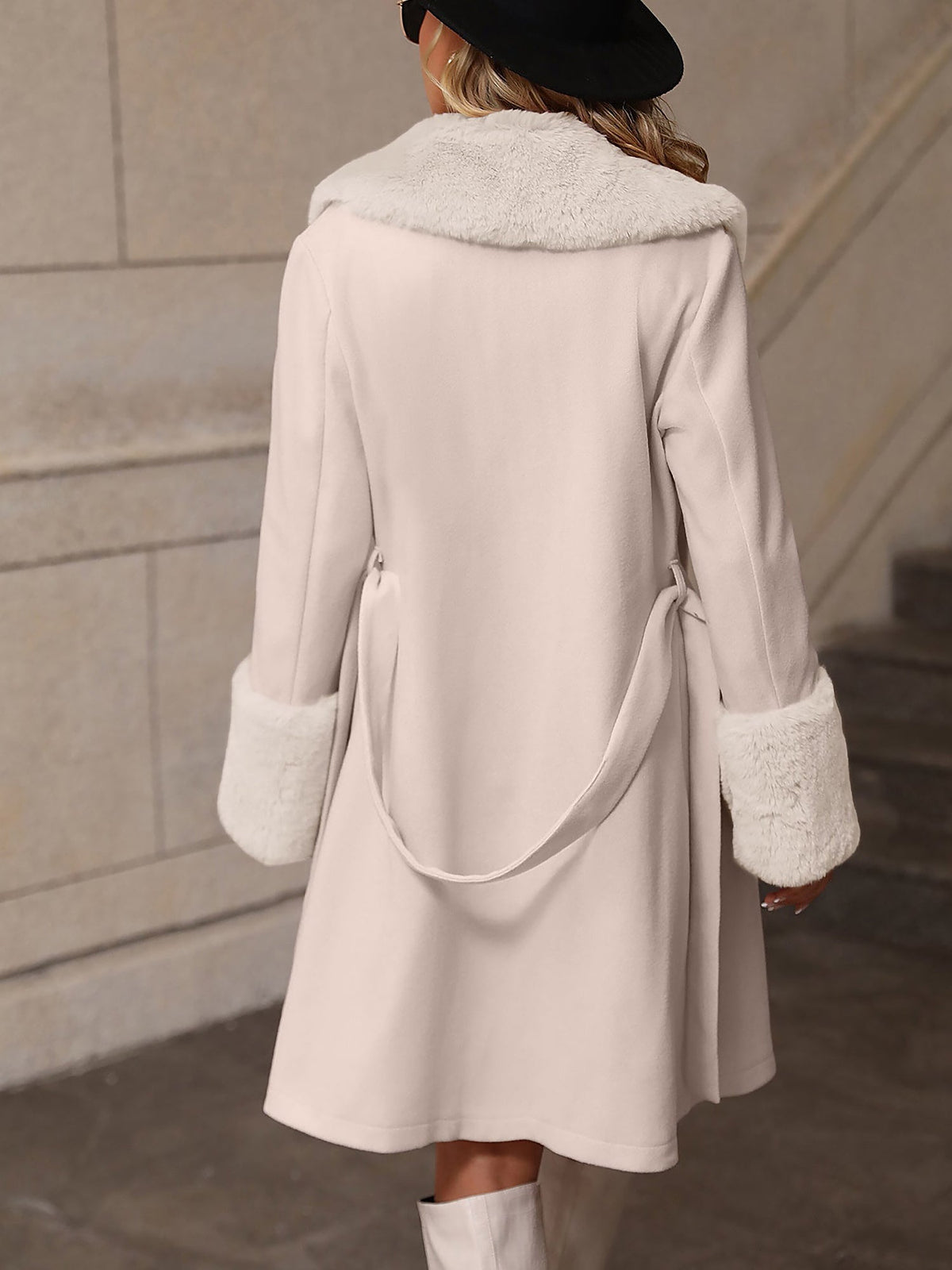Faux Fur Patchwork Belted A-Line Pea Coat
