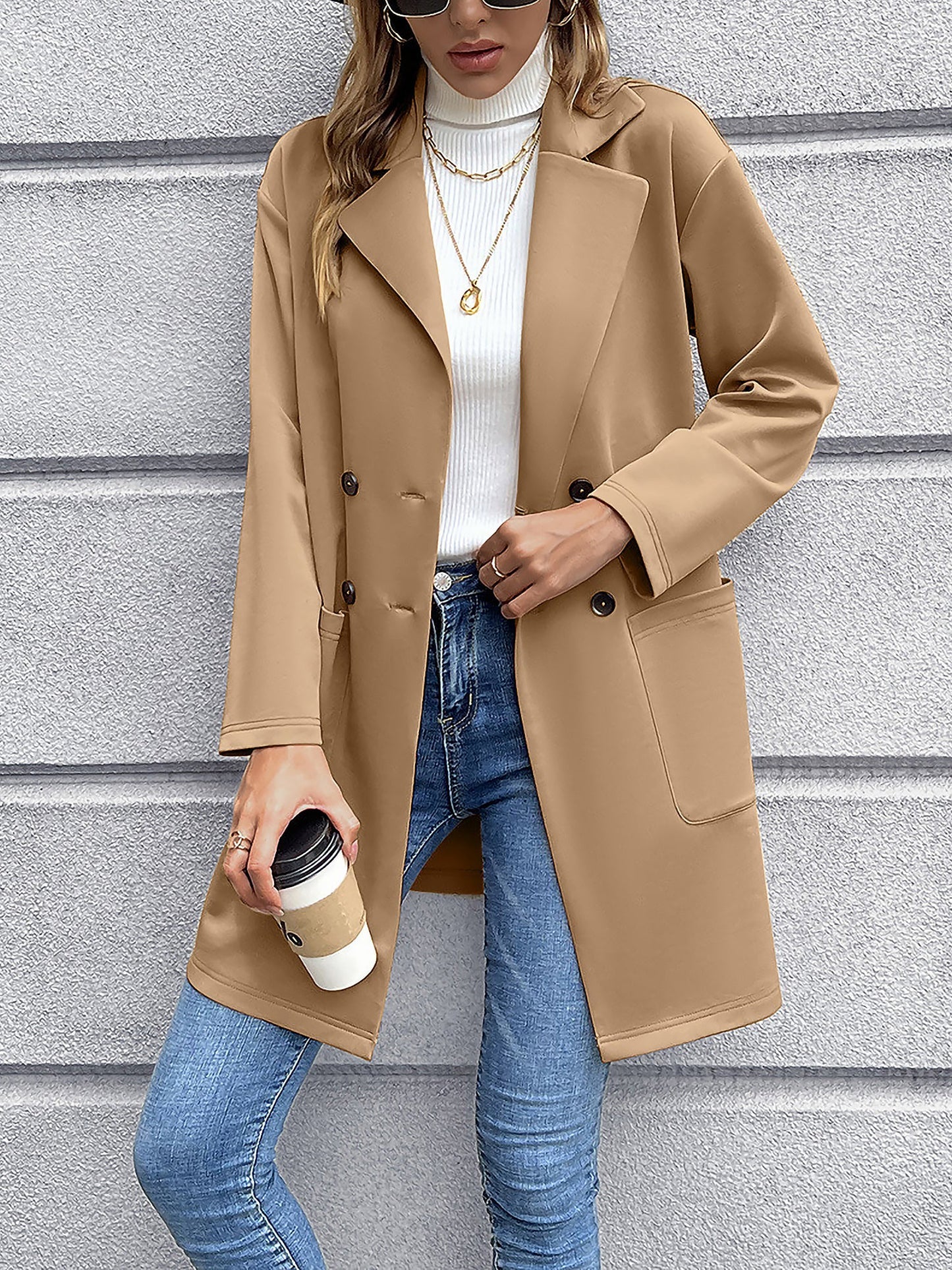 Solid Color Double-Breasted Mid-Length Jacket