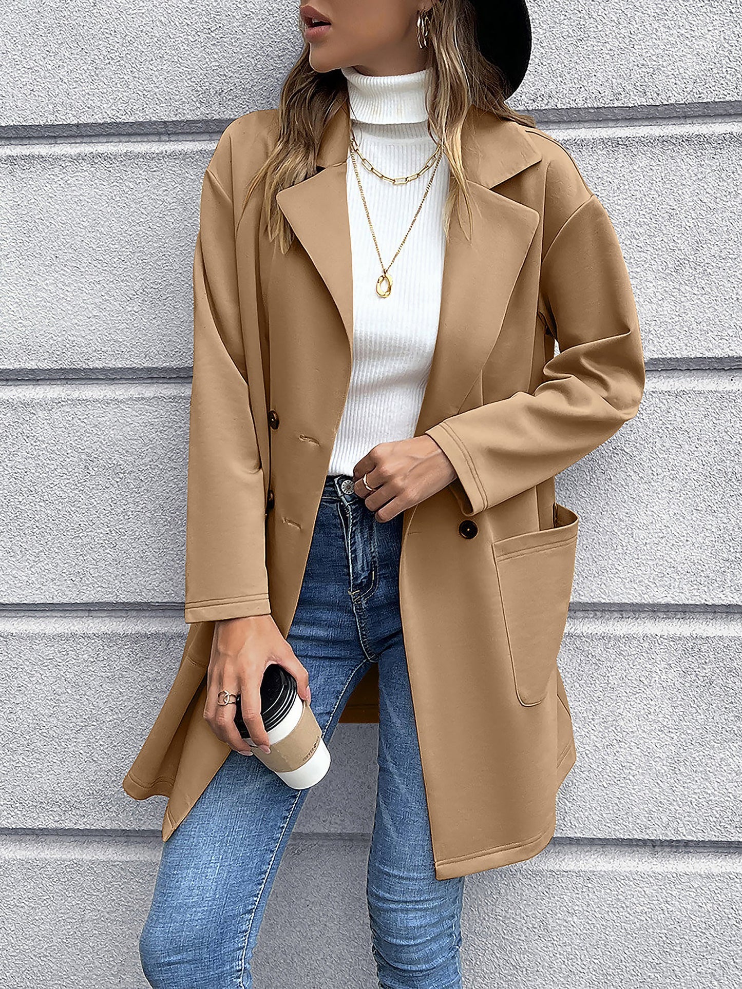 Solid Color Double-Breasted Mid-Length Jacket