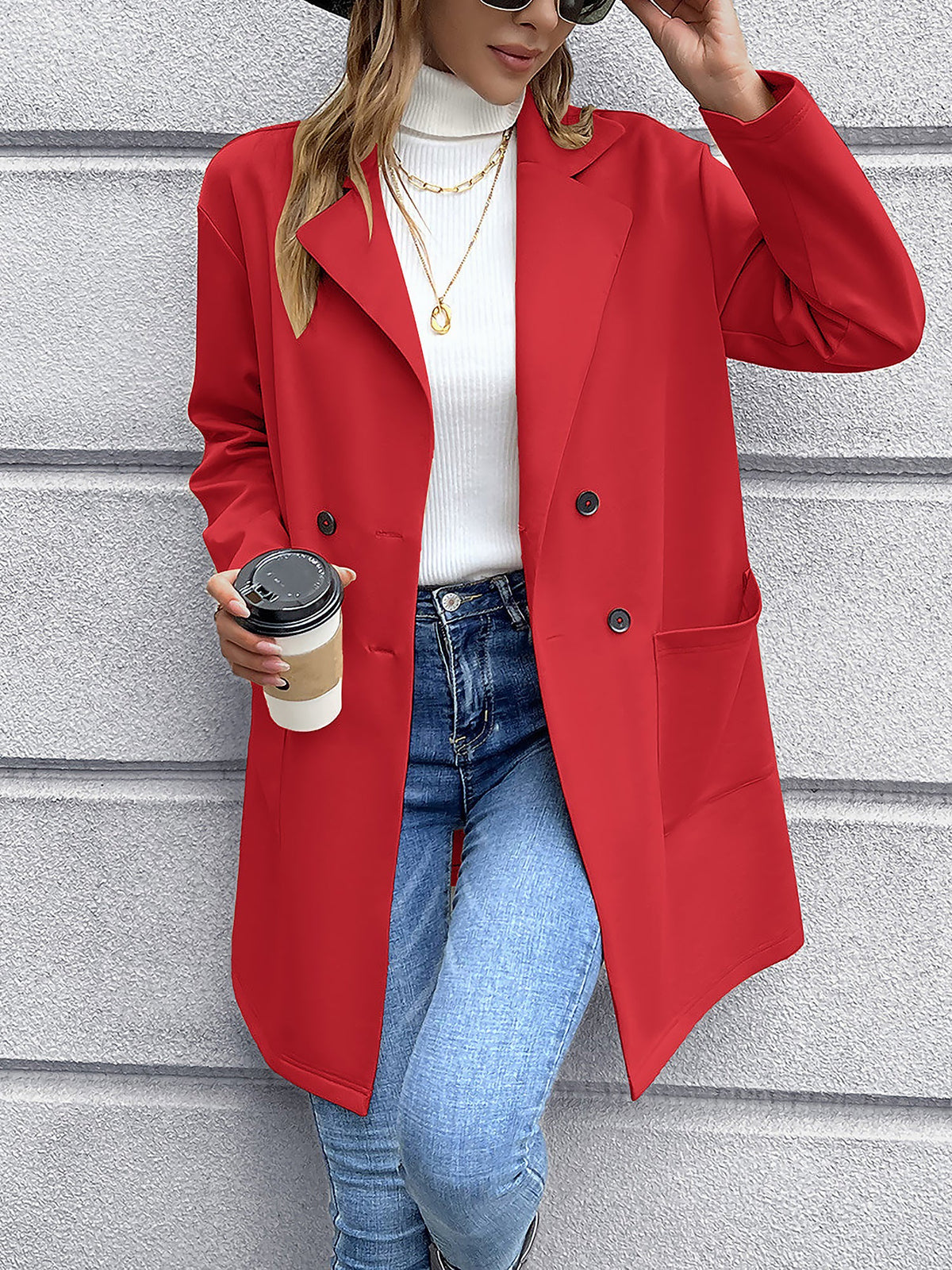 Solid Color Double-Breasted Mid-Length Jacket