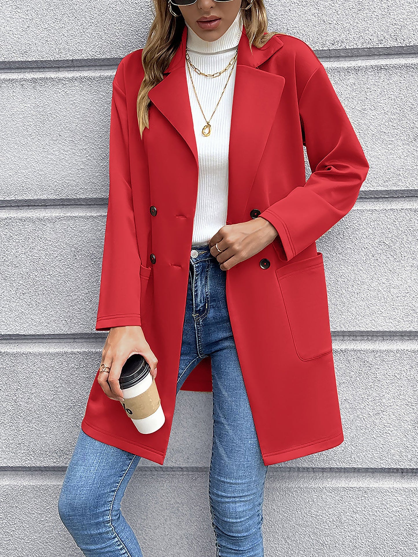 Solid Color Double-Breasted Mid-Length Jacket