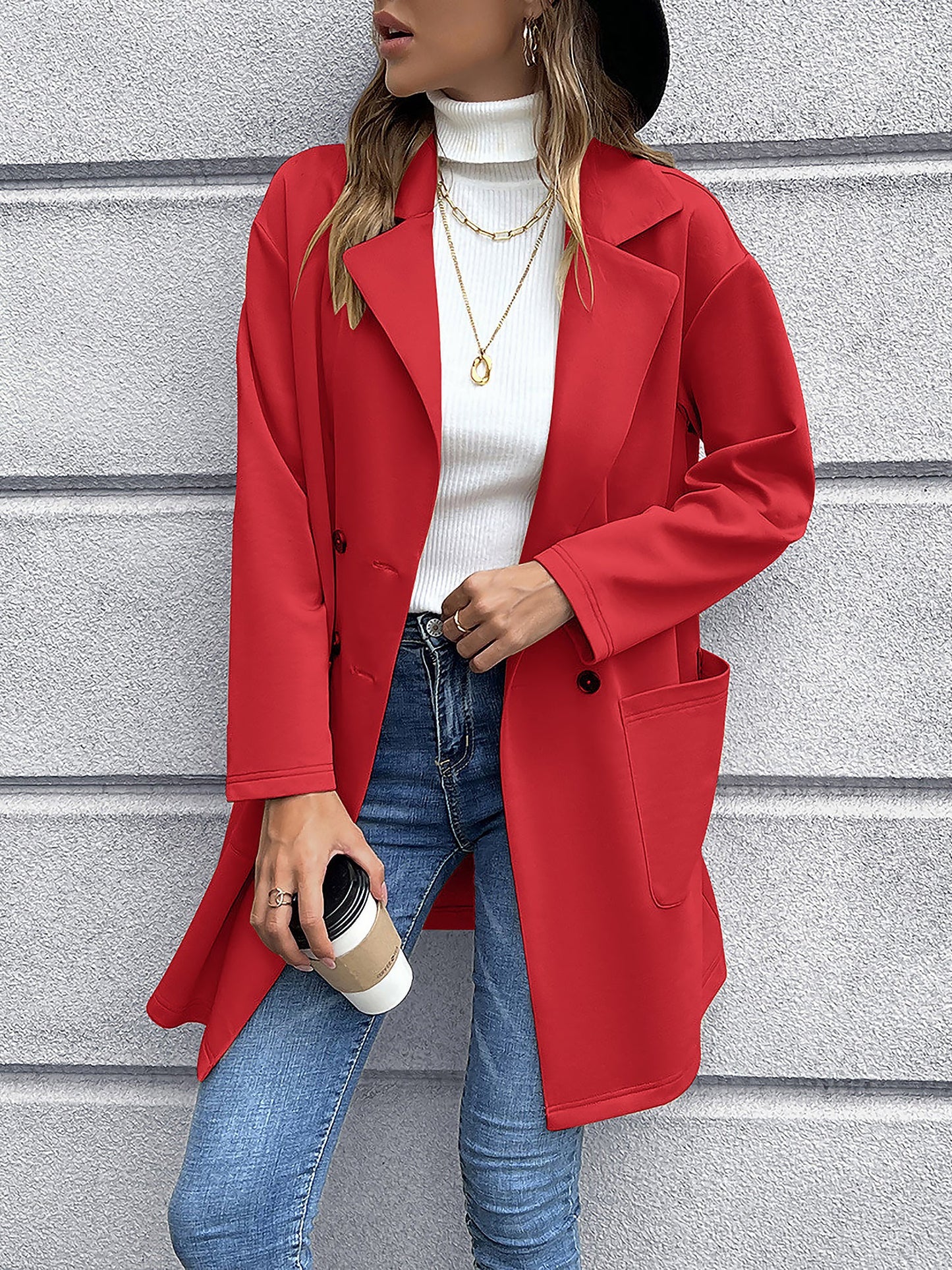 Solid Color Double-Breasted Mid-Length Jacket