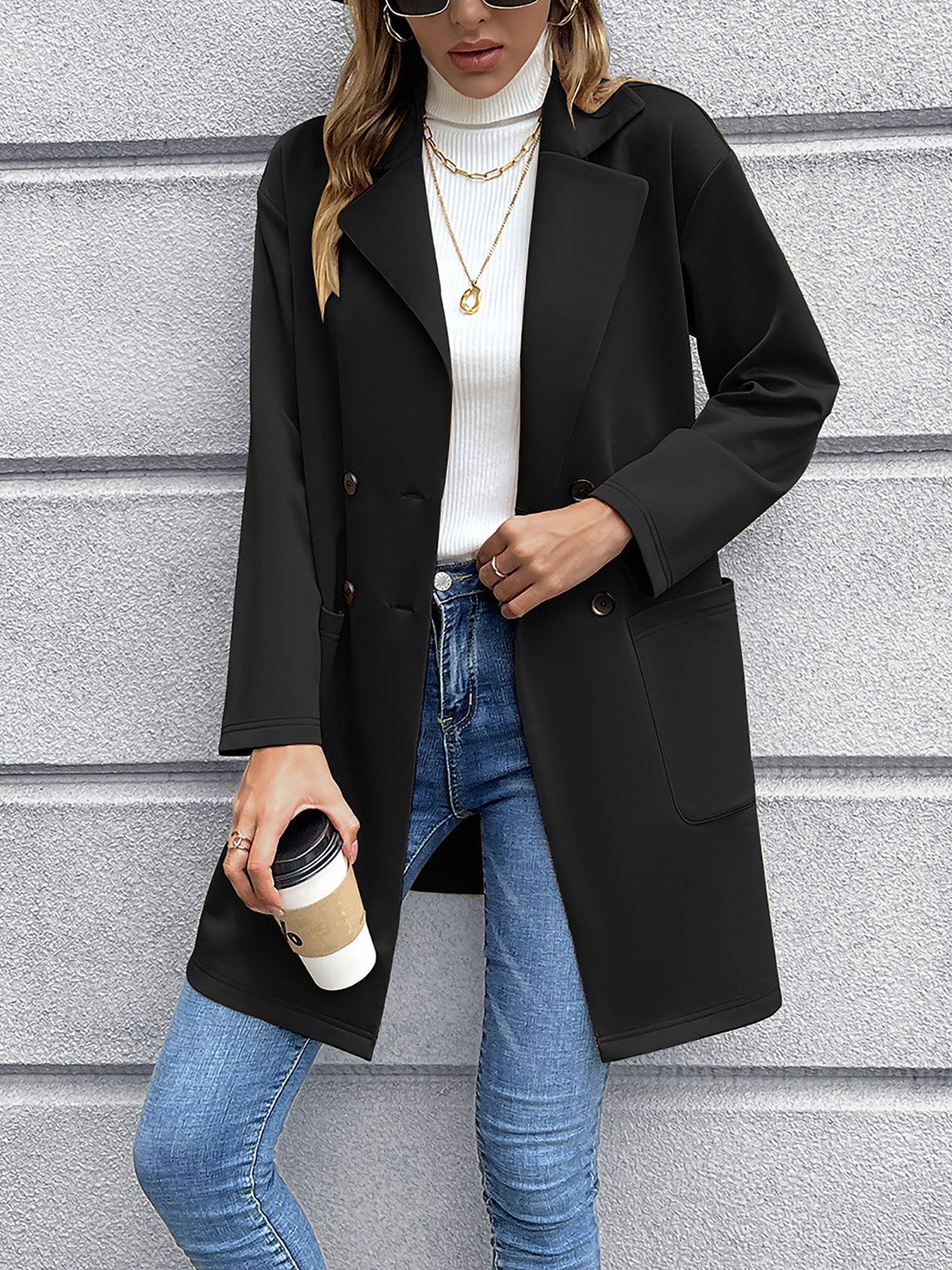 Solid Color Double-Breasted Mid-Length Jacket