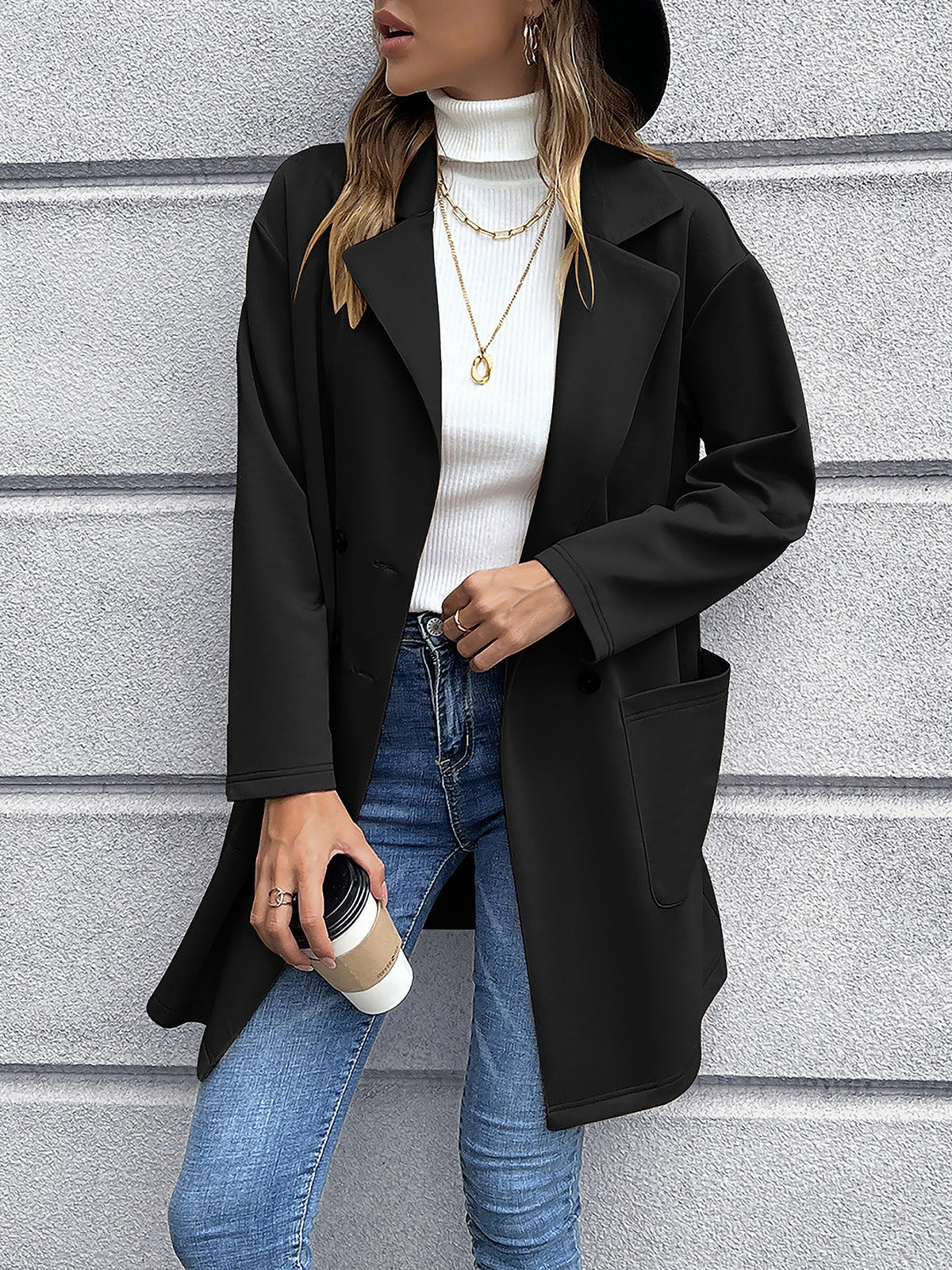 Solid Color Double-Breasted Mid-Length Jacket