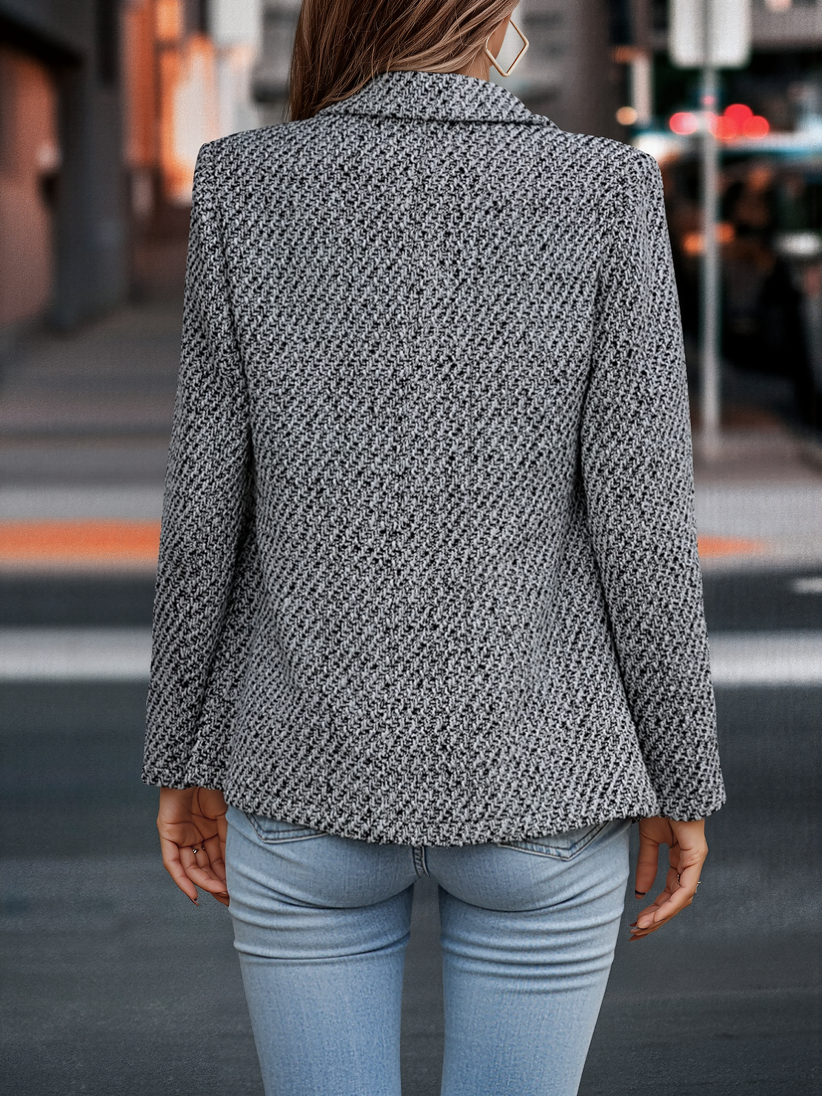 Classic Tailored Tweed Notched Lapel Double Breasted Work Blazer
